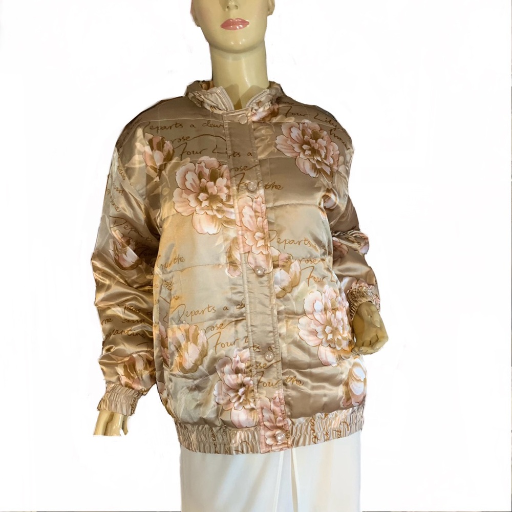 VINTAGE OLEG CASSINI FLORAL PRINT CREAM A  PINK BLUSH SATIN BOMBER JACKET (M) - Picture 2 of 13